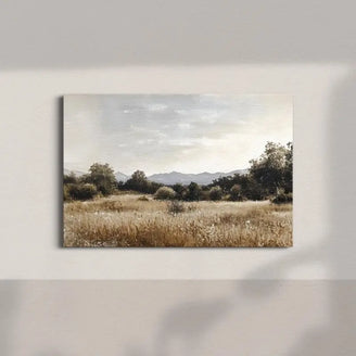 Golden Meadow and Mountain View Canvas Print - Rustic Landscape Wall Art for Cozy Home Decor June Wall Art