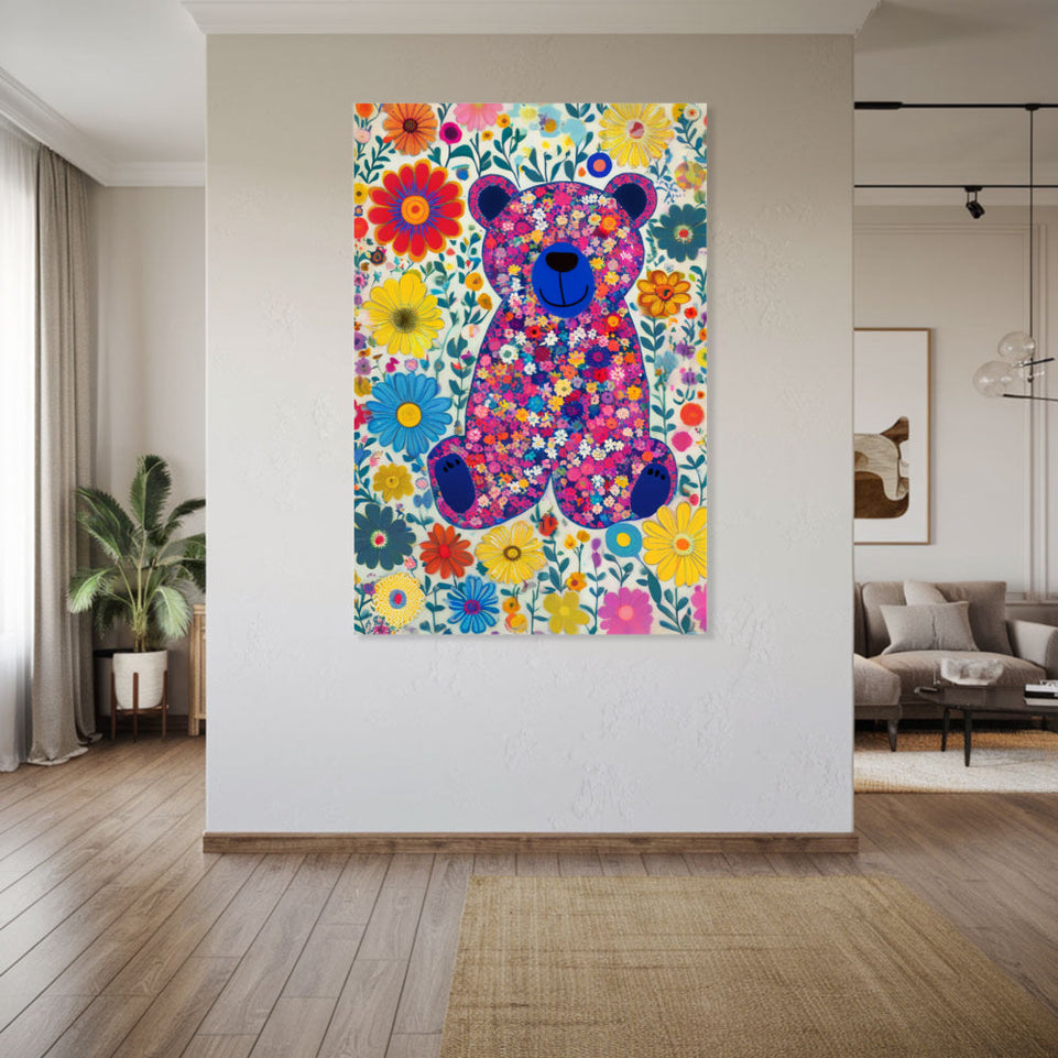 Floral Fantasy Bear Garden Delight  Canvas Art for Home Decor and Nursery Wall Art June Wall Art