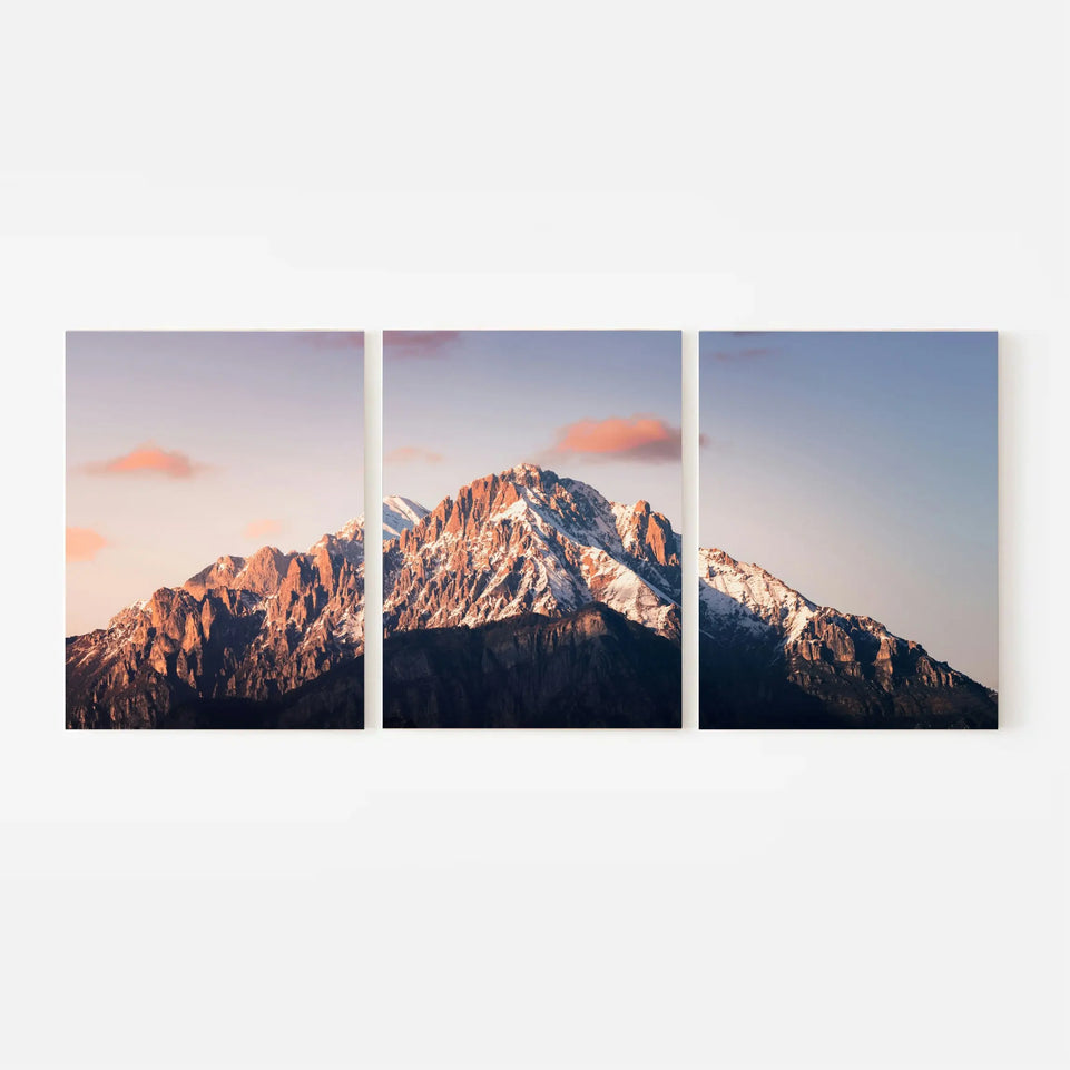 Mountain Sunset Triptych Canvas Print - Majestic Snow-Capped Peaks | Set of 3 Wall Art for Nature Lovers June Wall Art