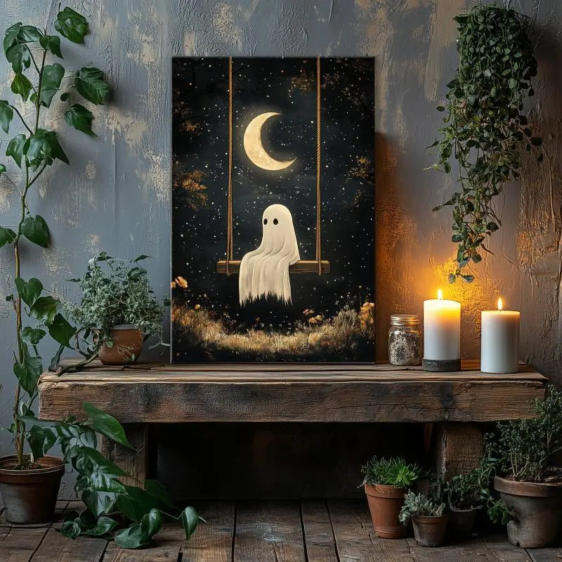 Ghost on Swing Canvas Print - Whimsical Halloween Wall Art for Spooky Home Deco June Wall Art