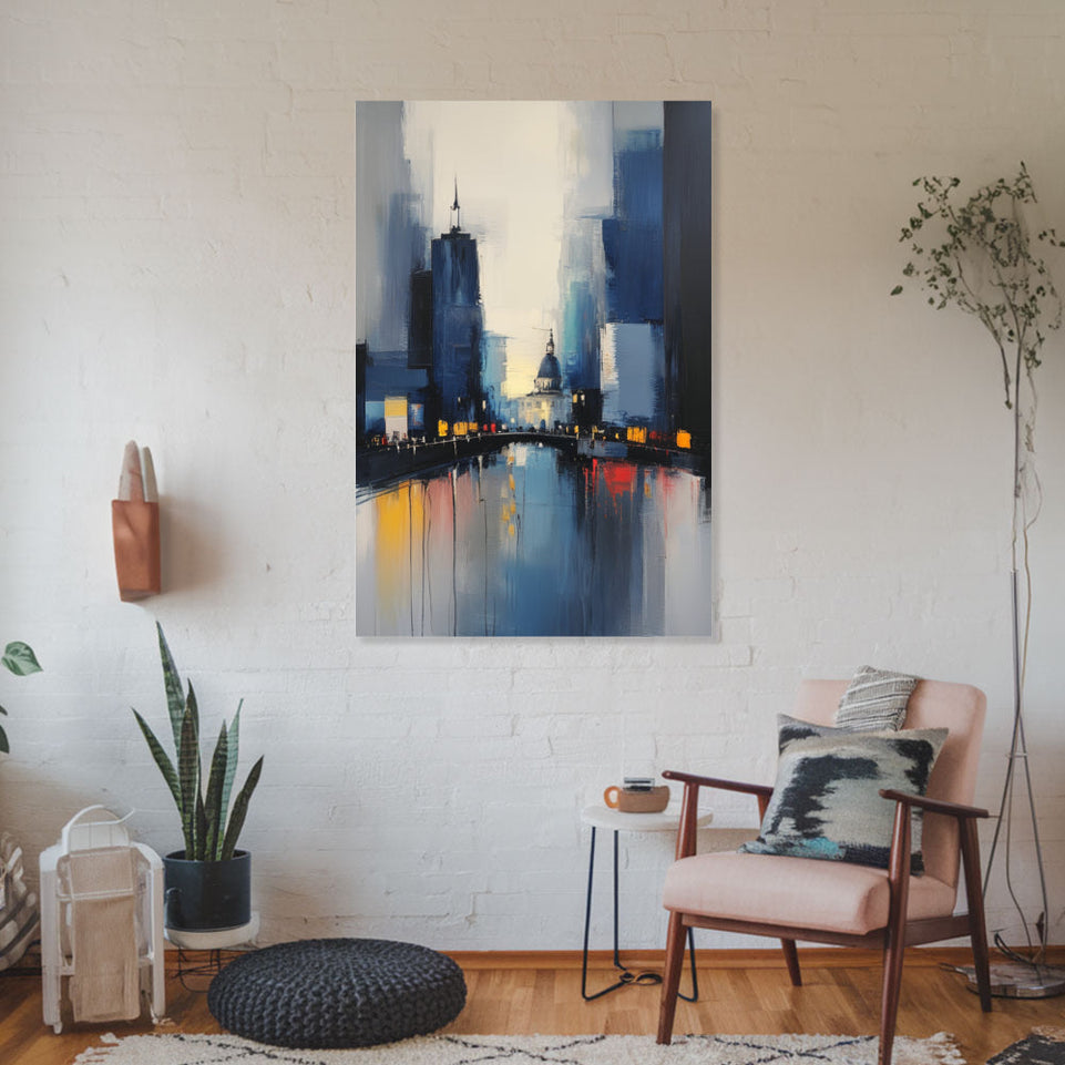 City Reflections in Blue Abstract Art  Canvas Wall Art for Home Decor June Wall Art