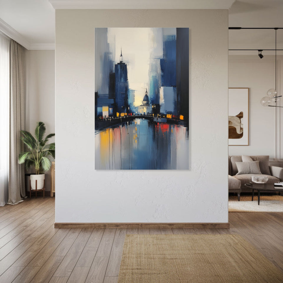 City Reflections in Blue Abstract Art  Canvas Wall Art for Home Decor June Wall Art