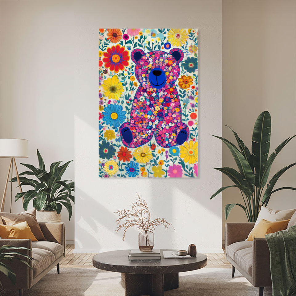 Floral Fantasy Bear Garden Delight  Canvas Art for Home Decor and Nursery Wall Art June Wall Art