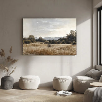 Golden Meadow and Mountain View Canvas Print - Rustic Landscape Wall Art for Cozy Home Decor June Wall Art