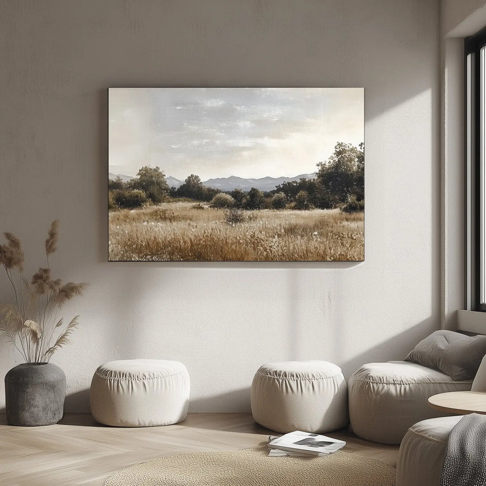 Golden Meadow and Mountain View Canvas Print - Rustic Landscape Wall Art for Cozy Home Decor June Wall Art