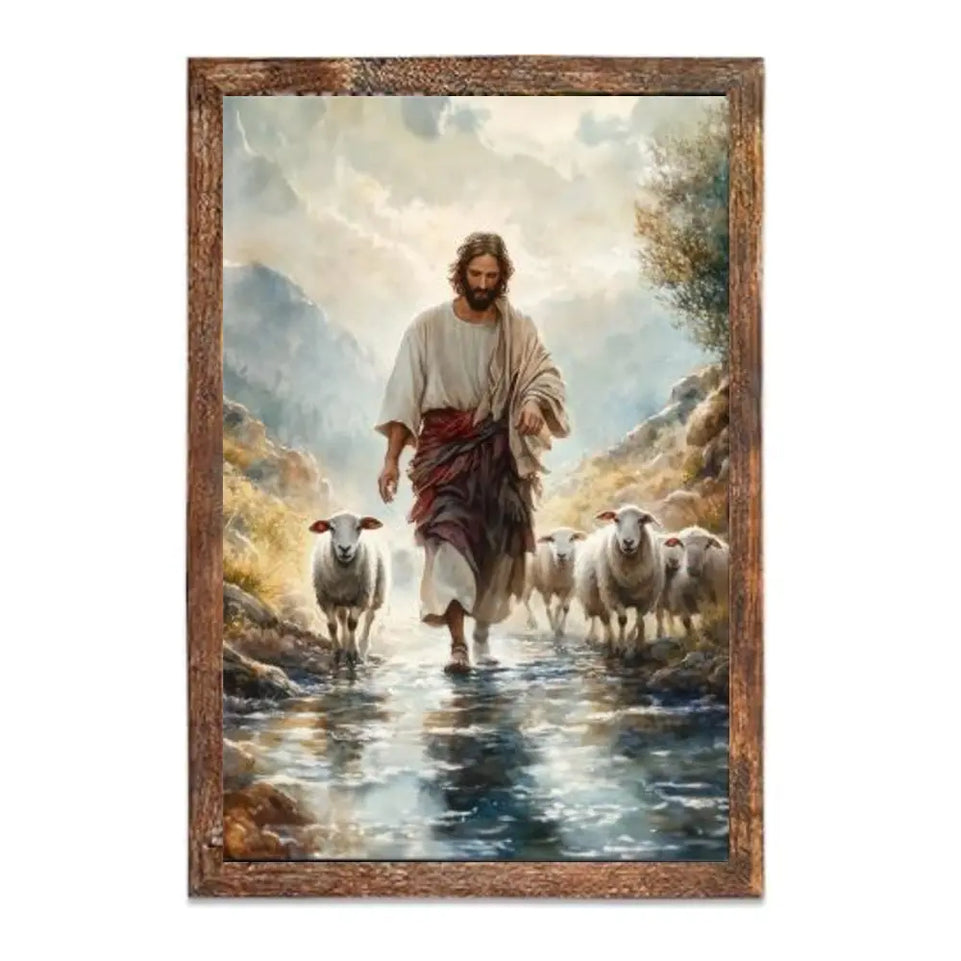 Jesus Shepherding Sheep Canvas Print - Inspirational Christian Wall Art for Faithful Home Decor June Wall Art