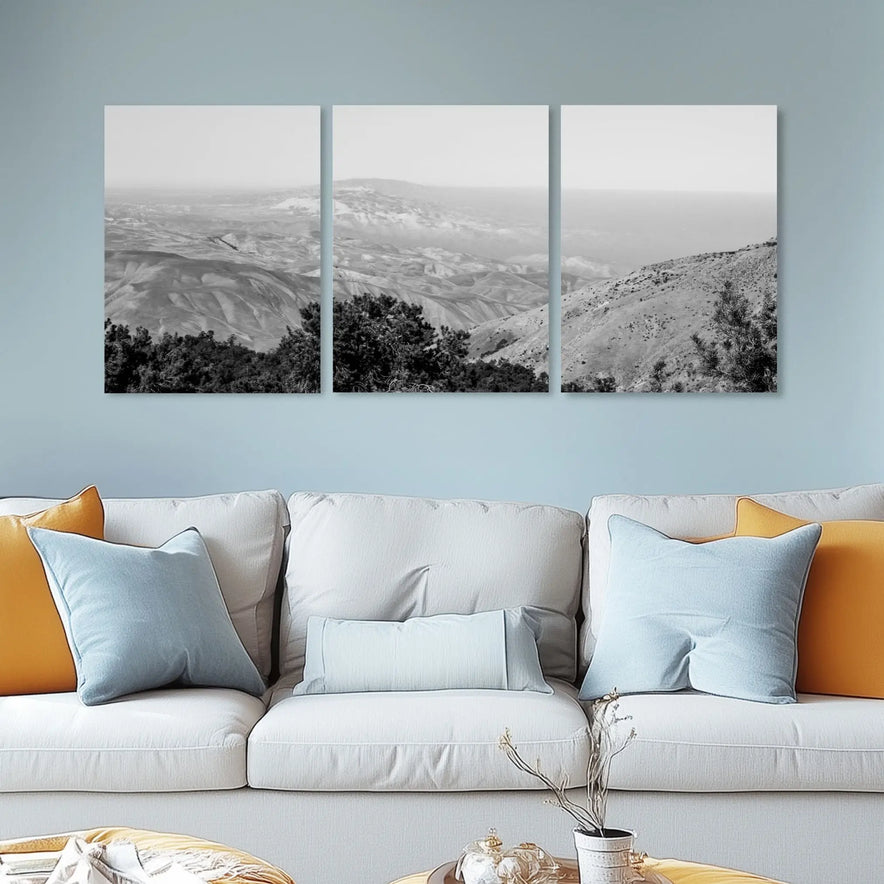 Black and White Mountain Landscape Triptych Canvas Print - Minimalist Set of 3 Wall Art for Modern Decor June Wall Art