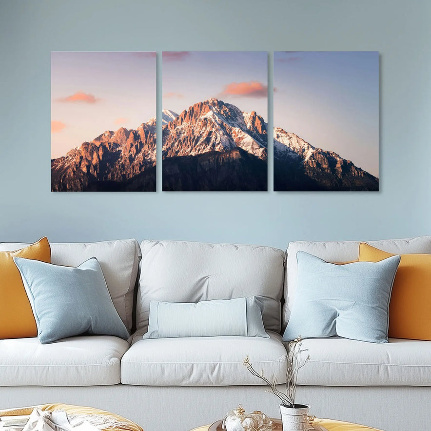 Mountain Sunset Triptych Canvas Print - Majestic Snow-Capped Peaks | Set of 3 Wall Art for Nature Lovers June Wall Art
