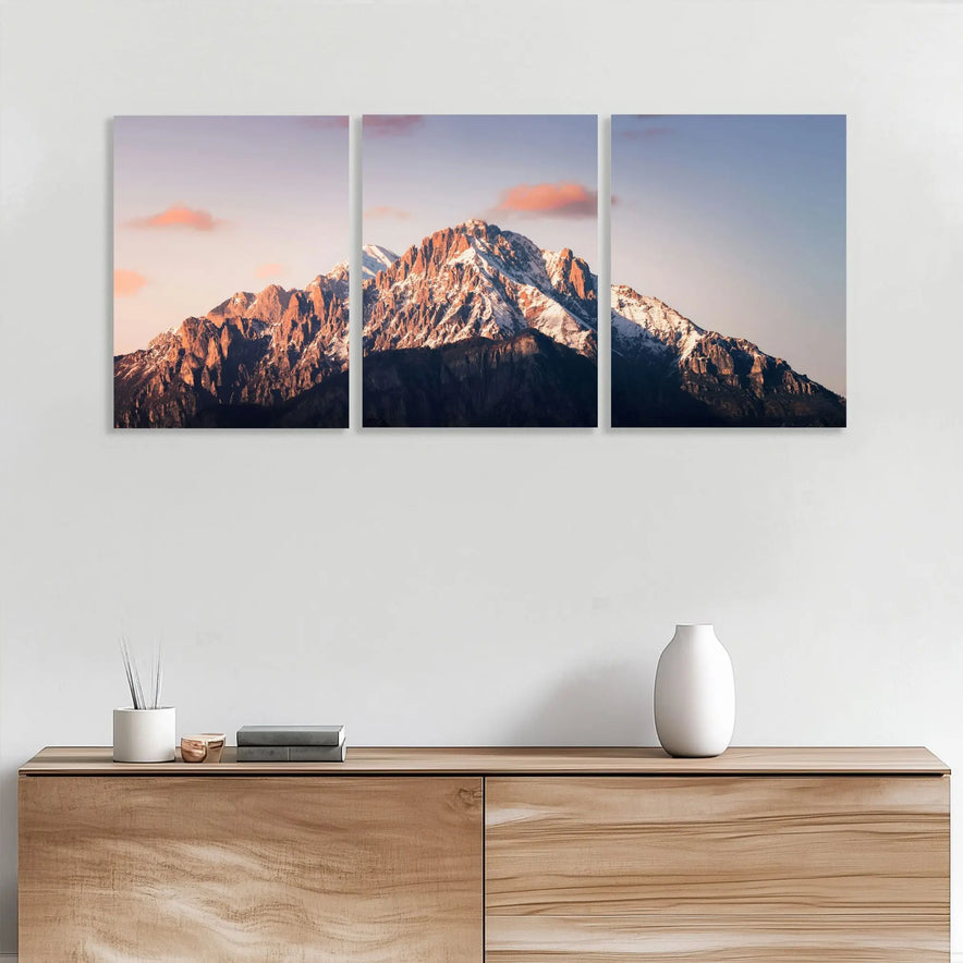 Mountain Sunset Triptych Canvas Print - Majestic Snow-Capped Peaks | Set of 3 Wall Art for Nature Lovers June Wall Art