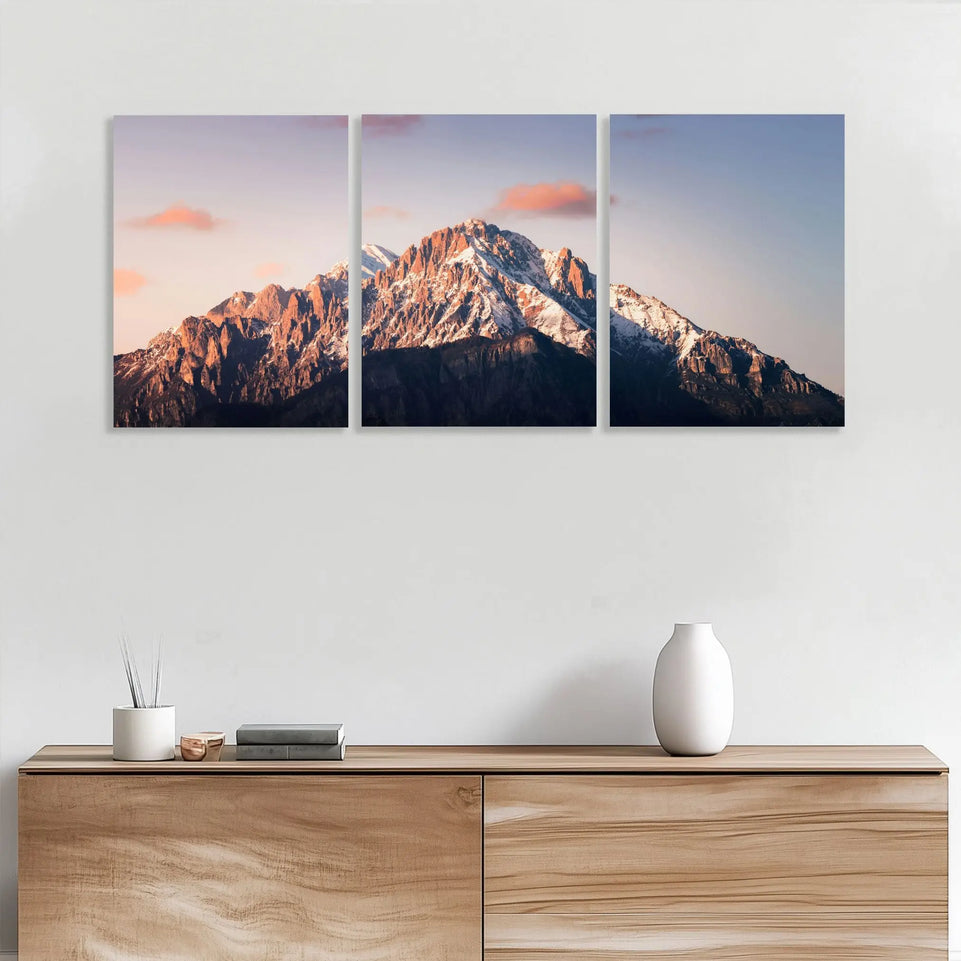 Mountain Sunset Triptych Canvas Print - Majestic Snow-Capped Peaks | Set of 3 Wall Art for Nature Lovers June Wall Art