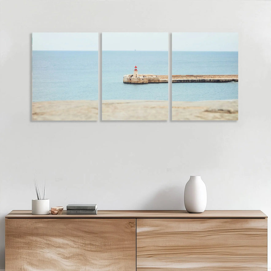 Coastal Lighthouse Canvas Print - Triptych Wall Art | Serene Ocean View with Lighthouse | 3-Panel Split Canvas Decor June Wall Art