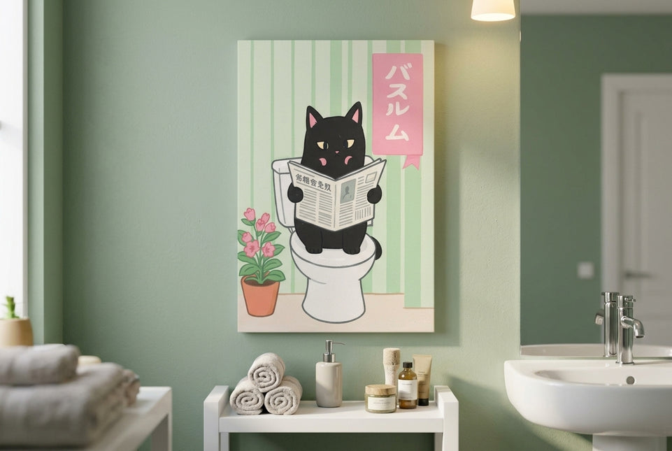 Canvas Art Print Art Wall Art Wooden Frame Playful Black Cat on Toilet with Flowers and Newspaper in Cute Cartoon Style for Fun Home Decor or Whimsical Bathroom Aesthetic Modern Framed Canvas Artwork Modern Abstract Home Decor Framed Canvas Painting