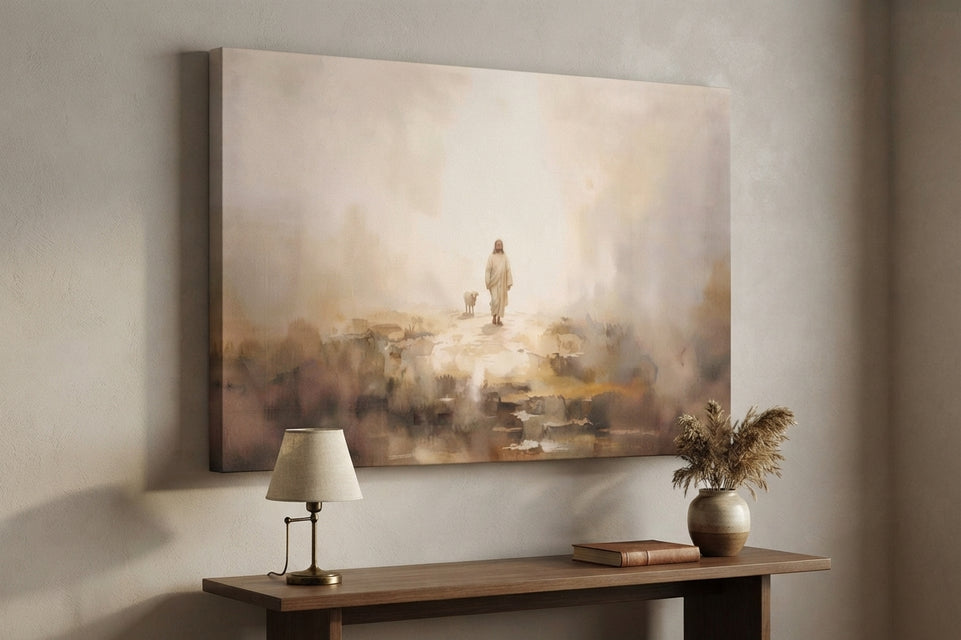 Serene Journey with Companion Canvas Art Print Art Wall Art Wooden Frame for Spiritual Home Decor, Tranquil Living Room Wall Decoration, Inspirational Faith Artwork Modern Abstract Home Decor Framed Canvas Painting Ready to Hang Artwork