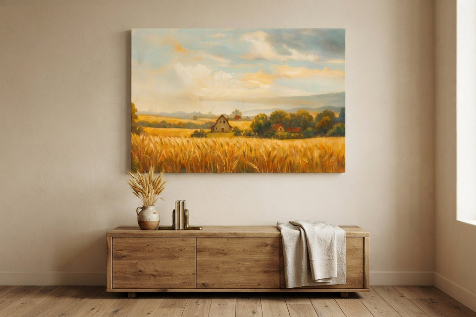 Golden Wheat Field Landscape Canvas Art Print Art Wall Art Wooden Frame, Rustic Farmhouse Decor, Country Home Aesthetic, Nature Inspired Wall Decor Modern Abstract Home Decor Framed Canvas Painting Ready to Hang Artwork Premium Poster Print for Home