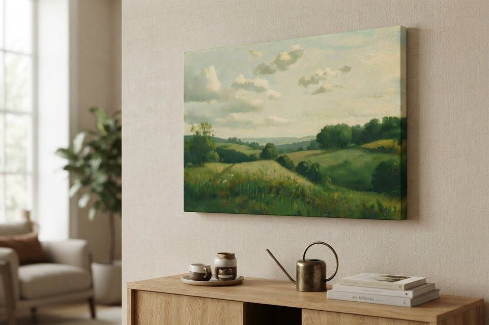 Serene Landscape Canvas Art Print Art Wall Art Wooden Frame – Ideal for Home Decor, Living Room, Bedroom, and Office Spaces, Featuring Lush Green Fields and Gentle Clouds Modern Abstract Home Decor Framed Canvas Painting Ready to Hang Artwork