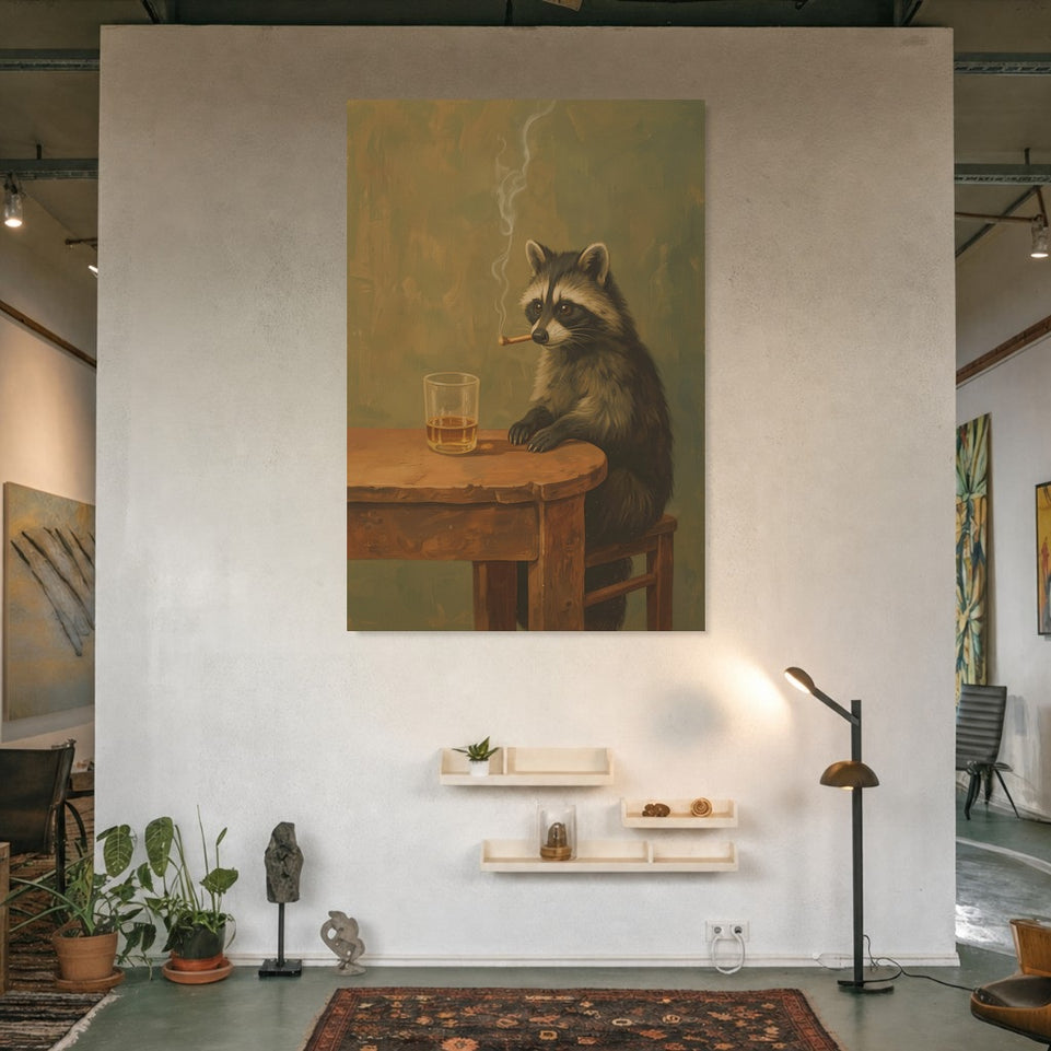 Charming Raccoon at a Table Canvas Art Print Art Wall Art Wooden Frame - Quirky Animal Decor for Living Room, Dining Room, or Home Bar Modern Abstract Home Decor Framed Canvas Painting Ready to Hang Artwork Living Room Bedroom Office Wall Decor