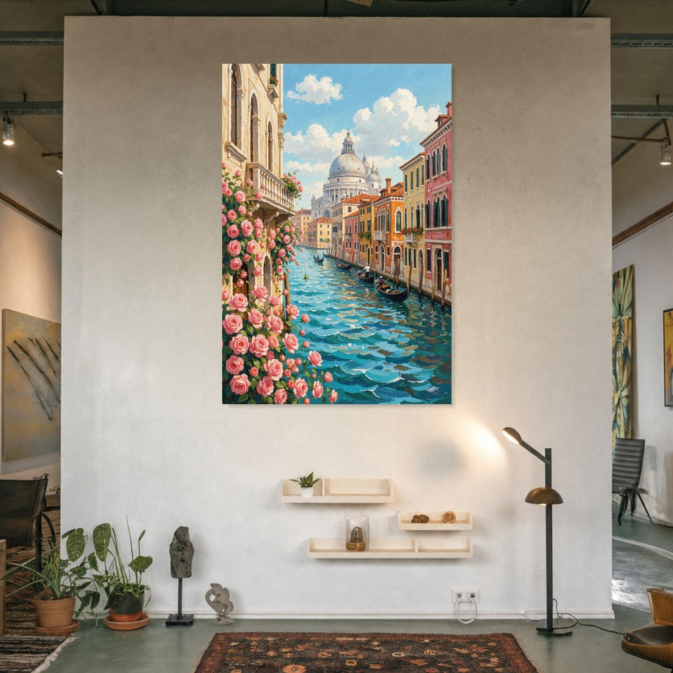 Venetian Canals with Roses Canvas Art Print Art Wall Art Wooden Frame - Perfect for Living Room, Bedroom, or Office Decor Modern Abstract Home Decor Framed Canvas Painting Ready to Hang Artwork Living Room Bedroom Office Wall Decor