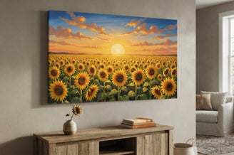 Sunflower Field at Sunset Canvas Art Print Art Wall Art Wooden Frame Bright Colors Nature Landscape Home Decor Cheerful Atmosphere Modern Abstract Home Decor Framed Canvas Painting Ready to Hang Artwork Living Room Bedroom Office Wall Decor