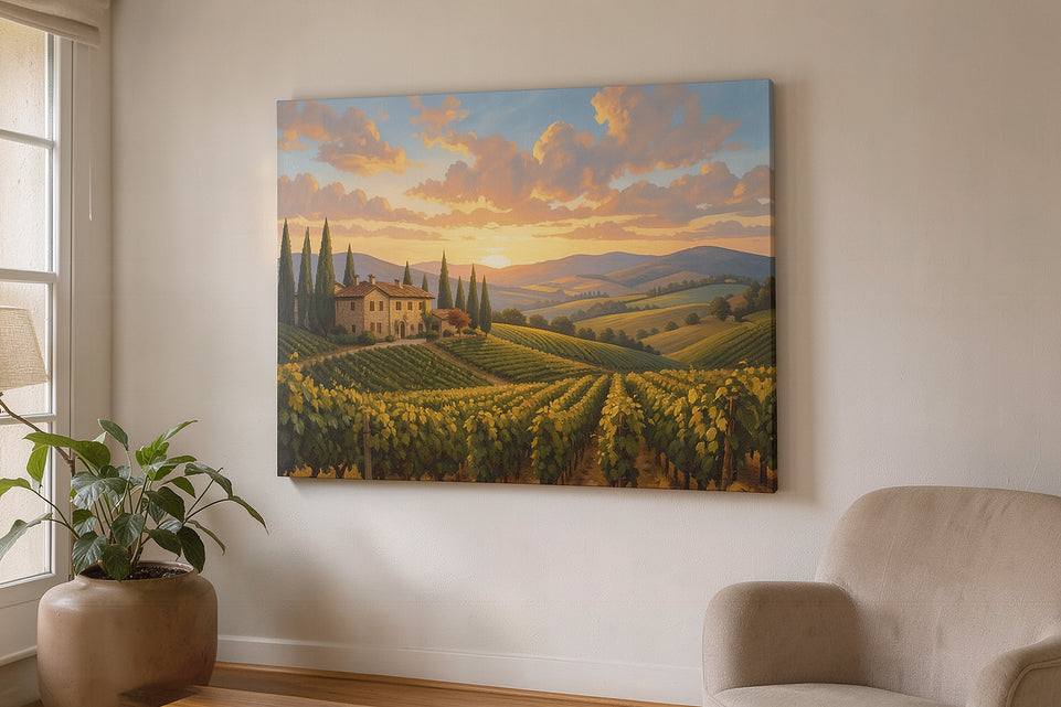 Sunset Vineyard Landscape Canvas Art Print Art Wall Art Wooden Frame - Perfect for Living Room, Dining Room, Farmhouse Decor Modern Abstract Home Decor Framed Canvas Painting Ready to Hang Artwork Living Room Bedroom Office Wall Decor