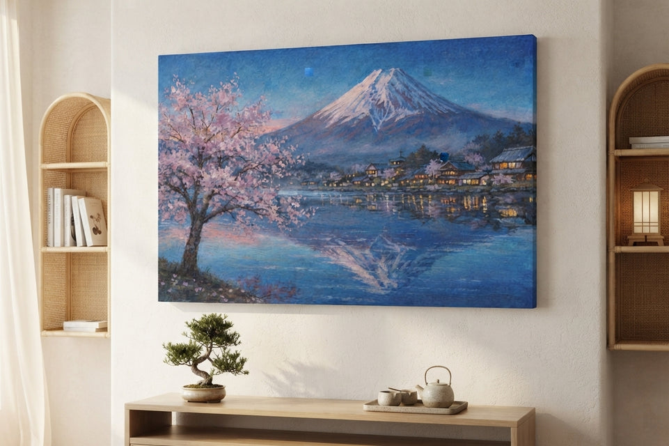 Serene Mount Fuji Canvas Art Print Art Wall Art Wooden Frame - Tranquil Cherry Blossoms Reflecting on Water, Japanese Landscape for Living Room, Bedroom, or Office Decor Modern Abstract Home Decor Framed Canvas Painting Ready to Hang Artwork