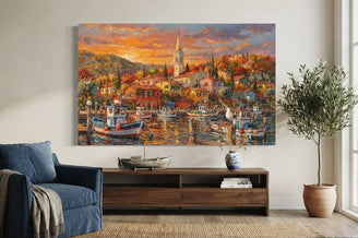 Vibrant Harbor Sunset Canvas Art Print Art Wall Art Wooden Frame - Colorful Boats and Charming Waterfront Scene for Living Room, Bedroom, Office Decor Modern Abstract Home Decor Framed Canvas Painting Ready to Hang Artwork Premium Poster Print for Home