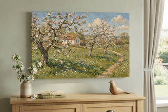 Blossoming Apple Trees Canvas Art Print Art Wall Art Wooden Frame - Vibrant Spring Landscape with Flowers and Charming Cottage for Home Decor or Office Modern Abstract Home Decor Framed Canvas Painting Ready to Hang Artwork Premium Poster Print for Home