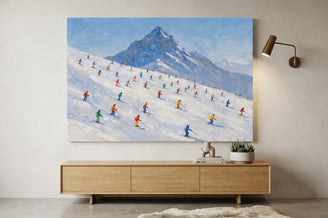 Colorful Skiers on Snowy Slopes Canvas Art Print Art Wall Art Wooden Frame for Winter Decor, Vibrant Mountain Scene, Perfect for Living Room or Bedroom Modern Abstract Home Decor Framed Canvas Painting Ready to Hang Artwork Premium Poster Print for Home