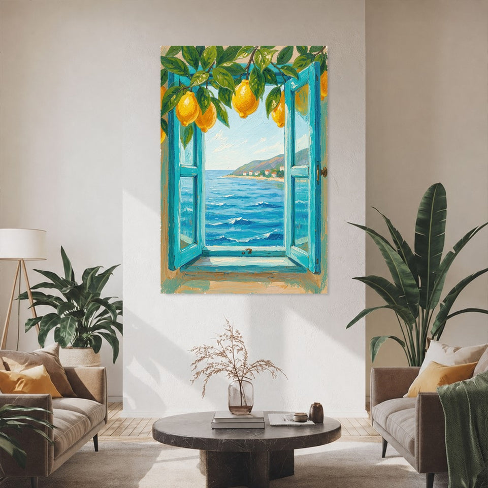 Lemon Tree View Canvas Art Print Art Wall Art Wooden Frame Coastal Scenery with Blue Window and Ocean Waves for Kitchen or Dining Room Decor Modern Abstract Home Decor Framed Canvas Painting Ready to Hang Artwork Living Room Bedroom Office Wall Decor