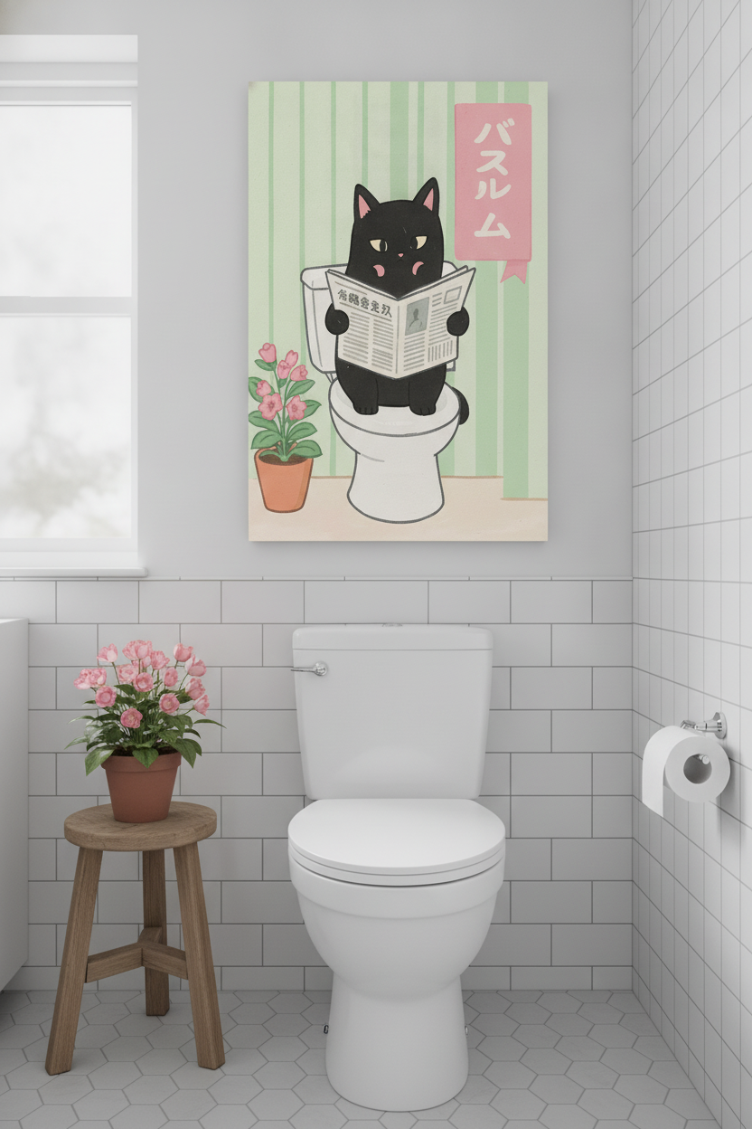 Canvas Art Print Art Wall Art Wooden Frame Playful Black Cat on Toilet with Flowers and Newspaper in Cute Cartoon Style for Fun Home Decor or Whimsical Bathroom Aesthetic Modern Framed Canvas Artwork Modern Abstract Home Decor Framed Canvas Painting