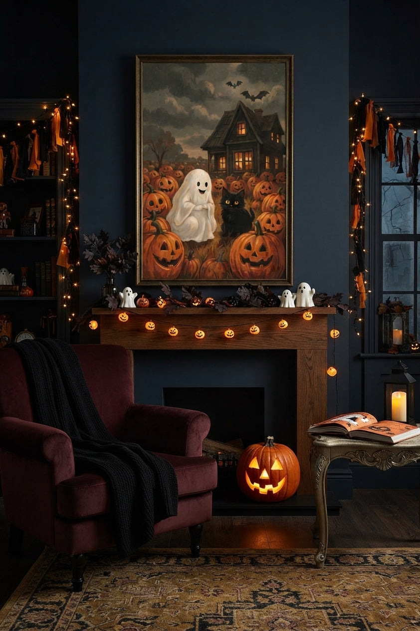 Charming Ghost and Cat in Pumpkin Patch Canvas Art Print Art Wall Art Wooden Frame for Halloween Decor Living Room or Kids Room Modern Abstract Home Decor Framed Canvas Painting Ready to Hang Artwork Living Room Bedroom Office Wall Decor