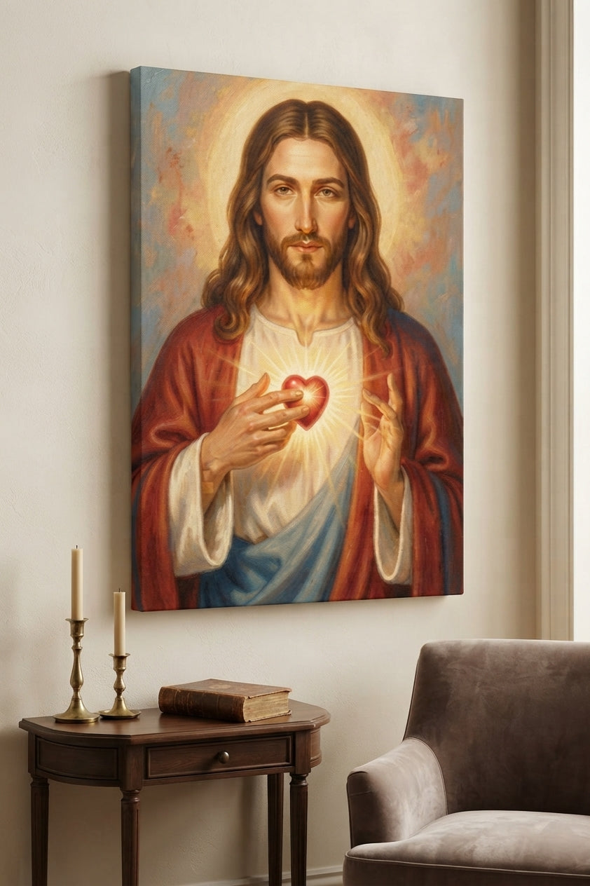 Sacred Heart Portrait Canvas Art Print Art Wall Art Wooden Frame Spiritual Home Decor for Living Room Bedroom Church Modern Abstract Home Decor Framed Canvas Painting Ready to Hang Artwork Living Room Bedroom Office Wall Decor