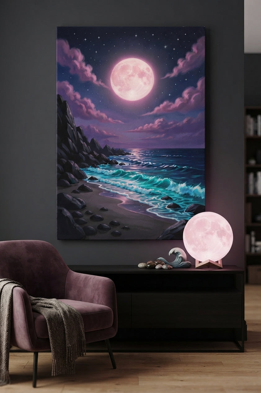 Moonlit Ocean Canvas Art Print Art Wall Art Wooden Frame Serene Coastal Design for Bedroom Living Room Office Meditation Space Decor Ready to Hang Artwork Modern Abstract Home Decor Framed Canvas Painting Living Room Bedroom Office Wall Decor