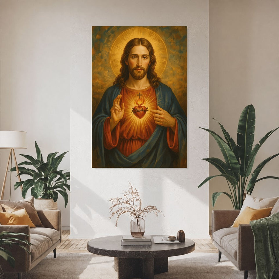 Sacred Heart of Jesus Canvas Art Print Art Wall Art Wooden Frame for Religious Home Decor, Spiritual Spaces, and Inspirational Gifts Modern Abstract Home Decor Framed Canvas Painting Ready to Hang Artwork Living Room Bedroom Office Wall Decor