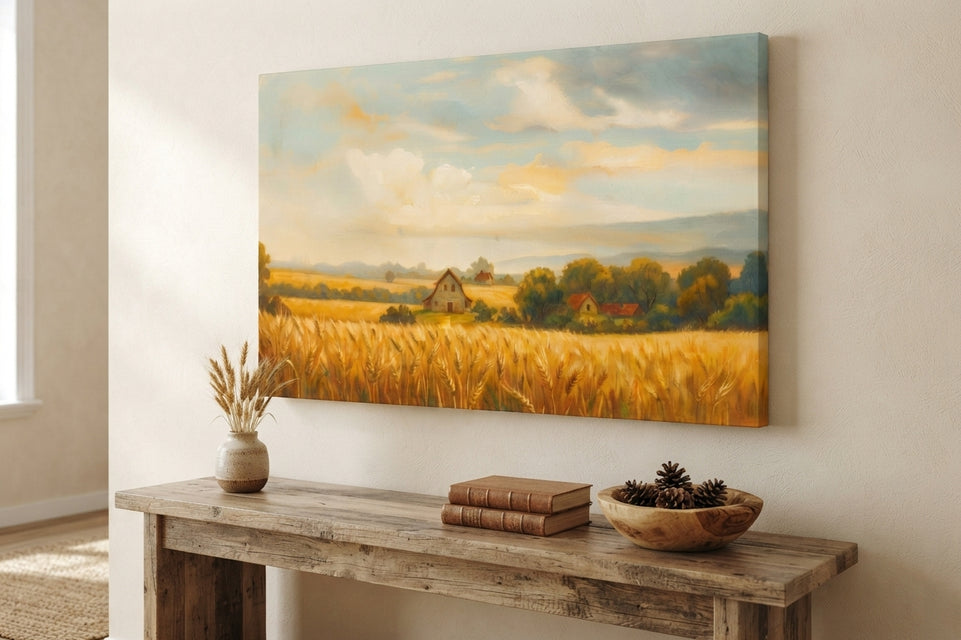 Golden Wheat Field Landscape Canvas Art Print Art Wall Art Wooden Frame, Rustic Farmhouse Decor, Country Home Aesthetic, Nature Inspired Wall Decor Modern Abstract Home Decor Framed Canvas Painting Ready to Hang Artwork Premium Poster Print for Home