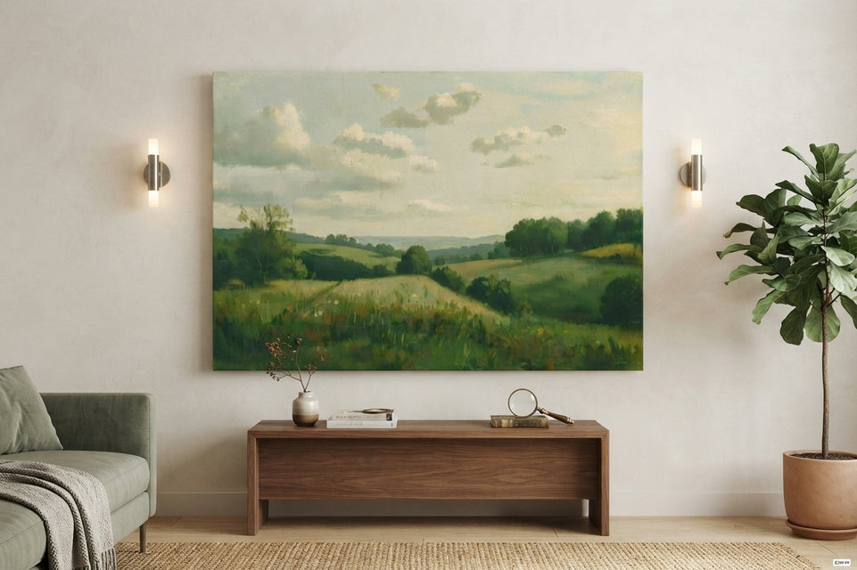 Serene Landscape Canvas Art Print Art Wall Art Wooden Frame – Ideal for Home Decor, Living Room, Bedroom, and Office Spaces, Featuring Lush Green Fields and Gentle Clouds Modern Abstract Home Decor Framed Canvas Painting Ready to Hang Artwork