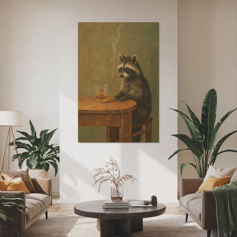 Charming Raccoon at a Table Canvas Art Print Art Wall Art Wooden Frame - Quirky Animal Decor for Living Room, Dining Room, or Home Bar Modern Abstract Home Decor Framed Canvas Painting Ready to Hang Artwork Living Room Bedroom Office Wall Decor