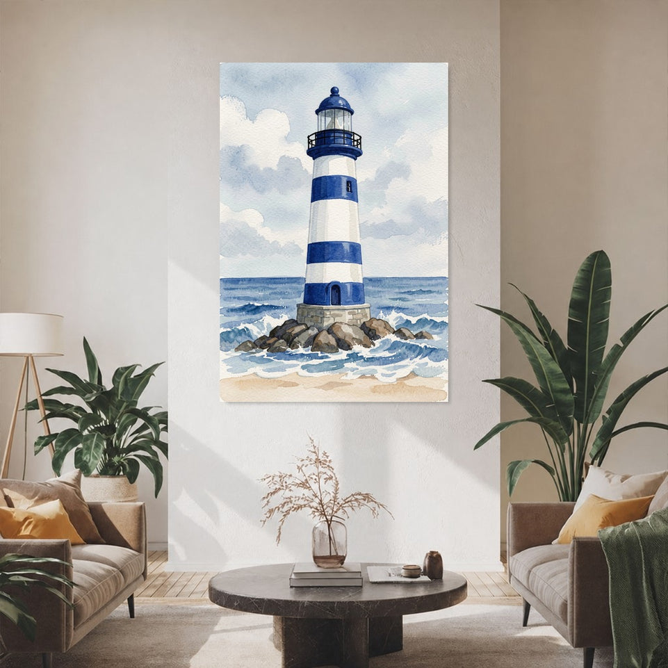 Blue and White Lighthouse Canvas Art Print Art Wall Art Wooden Frame Coastal Serenity for Beach House Decor, Nautical Style, Ocean Vibes Modern Abstract Home Decor Framed Canvas Painting Ready to Hang Artwork Living Room Bedroom Office Wall Decor
