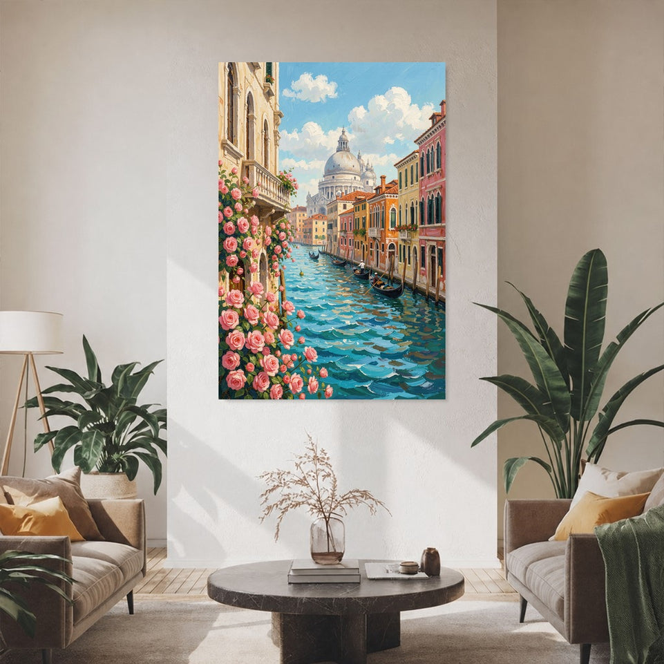 Venetian Canals with Roses Canvas Art Print Art Wall Art Wooden Frame - Perfect for Living Room, Bedroom, or Office Decor Modern Abstract Home Decor Framed Canvas Painting Ready to Hang Artwork Living Room Bedroom Office Wall Decor