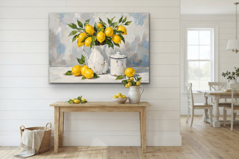 Lush Lemon Bouquet Canvas Art Print Art Wall Art Wooden Frame for Kitchen Dining Room Decor, Bright Yellow Citrus Still Life with White Pitcher and Leaves Modern Abstract Home Decor Framed Canvas Painting Ready to Hang Artwork