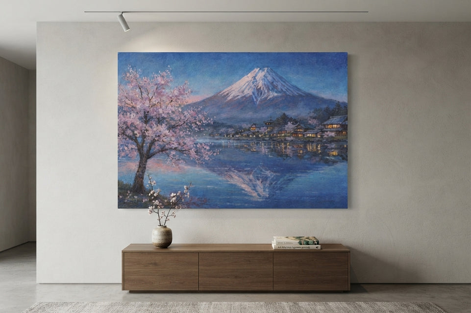 Serene Mount Fuji Canvas Art Print Art Wall Art Wooden Frame - Tranquil Cherry Blossoms Reflecting on Water, Japanese Landscape for Living Room, Bedroom, or Office Decor Modern Abstract Home Decor Framed Canvas Painting Ready to Hang Artwork