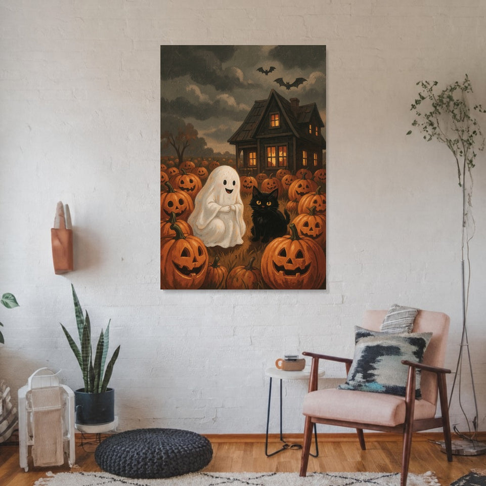 Charming Ghost and Cat in Pumpkin Patch Canvas Art Print Art Wall Art Wooden Frame for Halloween Decor Living Room or Kids Room Modern Abstract Home Decor Framed Canvas Painting Ready to Hang Artwork Living Room Bedroom Office Wall Decor