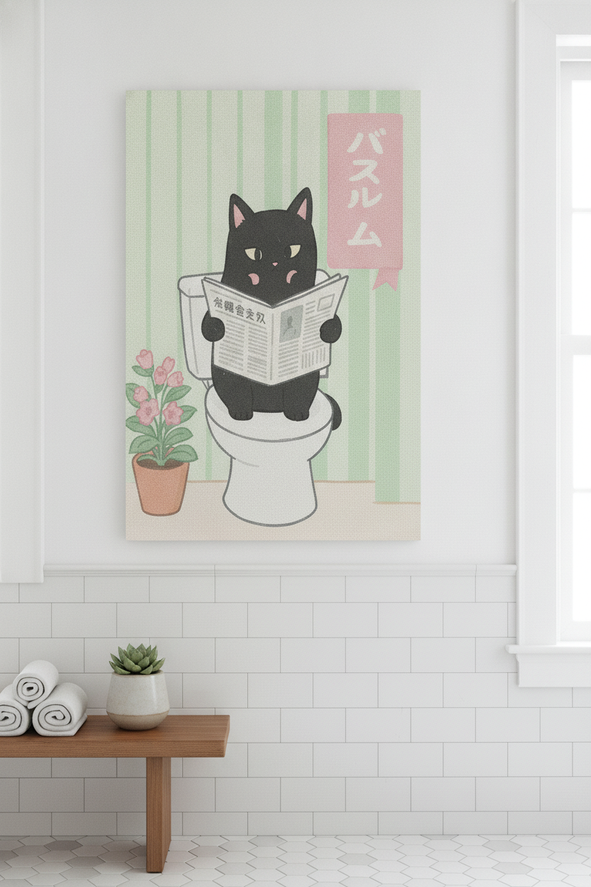 Canvas Art Print Art Wall Art Wooden Frame Playful Black Cat on Toilet with Flowers and Newspaper in Cute Cartoon Style for Fun Home Decor or Whimsical Bathroom Aesthetic Modern Framed Canvas Artwork Modern Abstract Home Decor Framed Canvas Painting