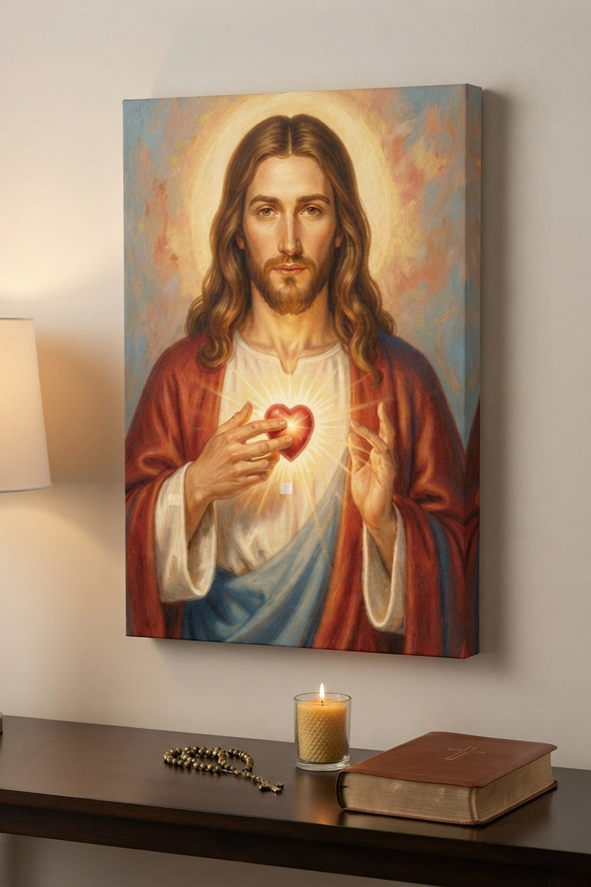 Sacred Heart Portrait Canvas Art Print Art Wall Art Wooden Frame Spiritual Home Decor for Living Room Bedroom Church Modern Abstract Home Decor Framed Canvas Painting Ready to Hang Artwork Living Room Bedroom Office Wall Decor