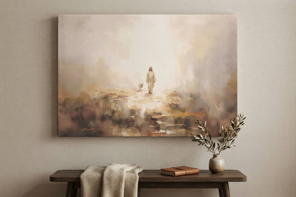 Serene Journey with Companion Canvas Art Print Art Wall Art Wooden Frame for Spiritual Home Decor, Tranquil Living Room Wall Decoration, Inspirational Faith Artwork Modern Abstract Home Decor Framed Canvas Painting Ready to Hang Artwork