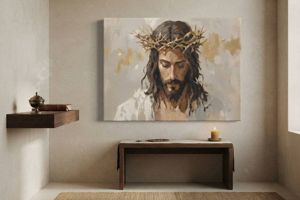 Emotional Jesus Crowned Canvas Art Print Art Wall Art Wooden Frame for Religious Home Decor Living Room Spiritual Reflection Modern Abstract Home Decor Framed Canvas Painting Ready to Hang Artwork Living Room Bedroom Office Wall Decor