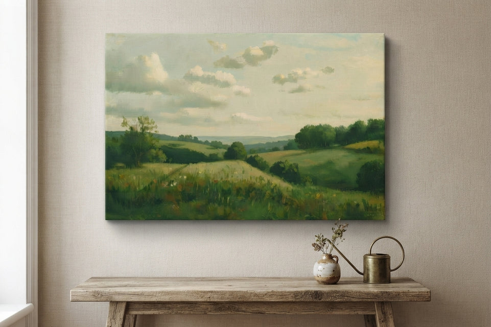 Serene Landscape Canvas Art Print Art Wall Art Wooden Frame – Ideal for Home Decor, Living Room, Bedroom, and Office Spaces, Featuring Lush Green Fields and Gentle Clouds Modern Abstract Home Decor Framed Canvas Painting Ready to Hang Artwork