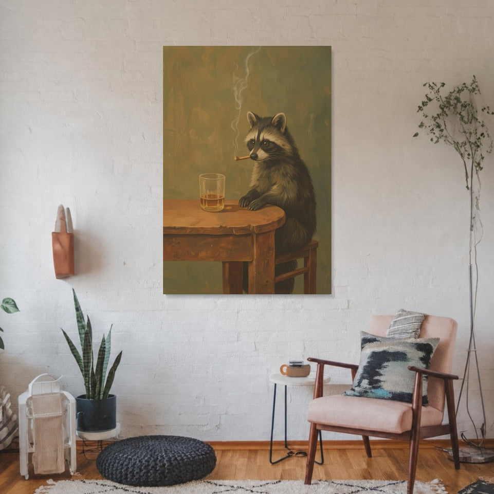 Charming Raccoon at a Table Canvas Art Print Art Wall Art Wooden Frame - Quirky Animal Decor for Living Room, Dining Room, or Home Bar Modern Abstract Home Decor Framed Canvas Painting Ready to Hang Artwork Living Room Bedroom Office Wall Decor