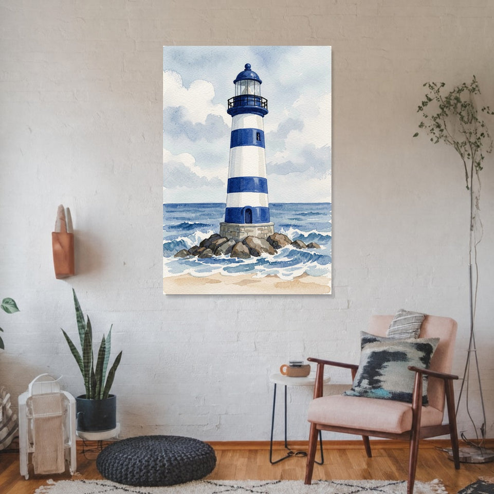 Blue and White Lighthouse Canvas Art Print Art Wall Art Wooden Frame Coastal Serenity for Beach House Decor, Nautical Style, Ocean Vibes Modern Abstract Home Decor Framed Canvas Painting Ready to Hang Artwork Living Room Bedroom Office Wall Decor