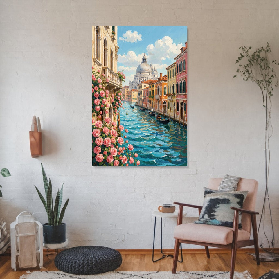 Venetian Canals with Roses Canvas Art Print Art Wall Art Wooden Frame - Perfect for Living Room, Bedroom, or Office Decor Modern Abstract Home Decor Framed Canvas Painting Ready to Hang Artwork Living Room Bedroom Office Wall Decor
