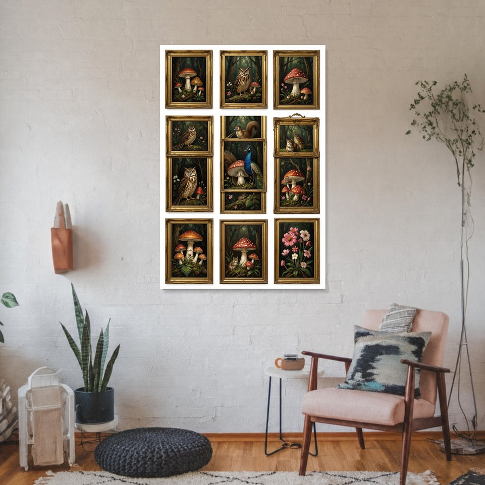 Enchanting Woodland Creatures Canvas Art Print Art Wall Art Wooden Frame - Vibrant Nature Scenes with Owls, Squirrels, and Mushrooms for Living Room Decor, Cozy Cabin Aesthetic Modern Abstract Home Decor Framed Canvas Painting Ready to Hang Artwork